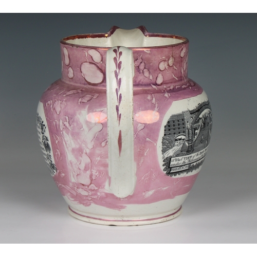 63 - A large Sunderland Pink Lustre Jug painted and transfer printed with 'A west view of the iron bridge... 