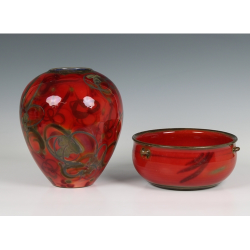 74 - Alain Dejardin (France, 1941) - lustreware vase of ovoid form, having stylised flowers on red lustre... 