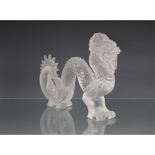 8 - A Lalique clear & frosted glass Dragon no 1213300, 2000, 11¼in. (28.7cm.) long, original sticker, et... 