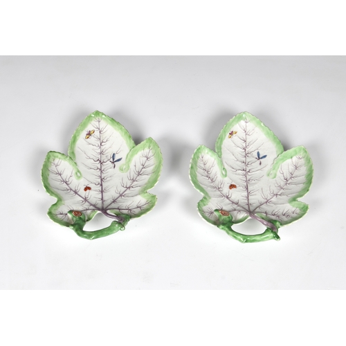 88 - A pair of first period Worcester porcelain leaf dishes c.1760, of leaf shape with a naturalistically... 