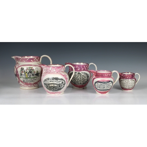 89 - A collection of Sunderland Pink Lustre Jugs each painted and transfer printed, the largest measuring... 