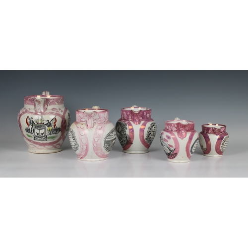 89 - A collection of Sunderland Pink Lustre Jugs each painted and transfer printed, the largest measuring... 