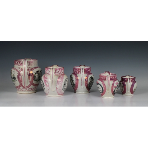 89 - A collection of Sunderland Pink Lustre Jugs each painted and transfer printed, the largest measuring... 