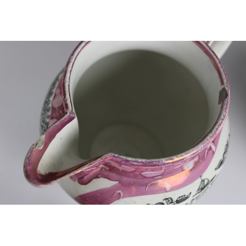 89 - A collection of Sunderland Pink Lustre Jugs each painted and transfer printed, the largest measuring... 