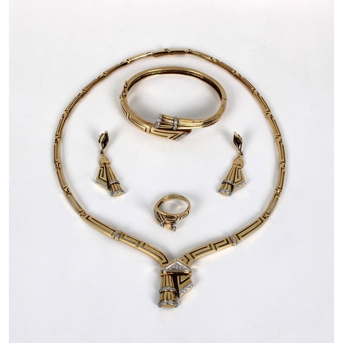 636 - A 14ct yellow gold Greek key design and clear stone suite of jewellery comprising a necklace, a bang... 