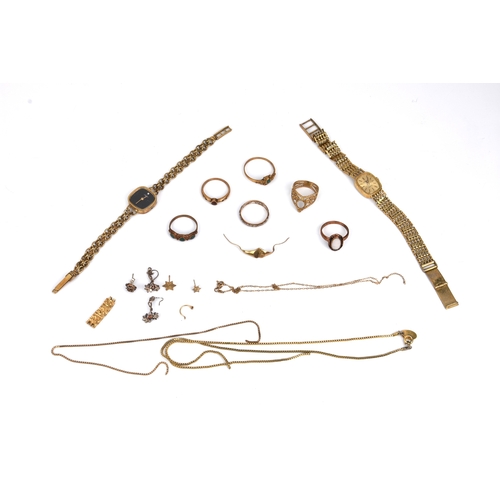 640 - A collection of 9ct yellow gold jewellery (mostly damaged) to include gem set rings, chains, earring... 