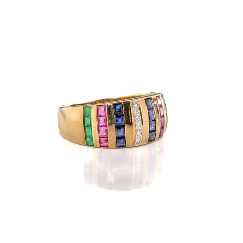 651 - An 18ct yellow gold diamond, ruby, sapphire and emerald ring. The central band of brilliant-cut diam... 