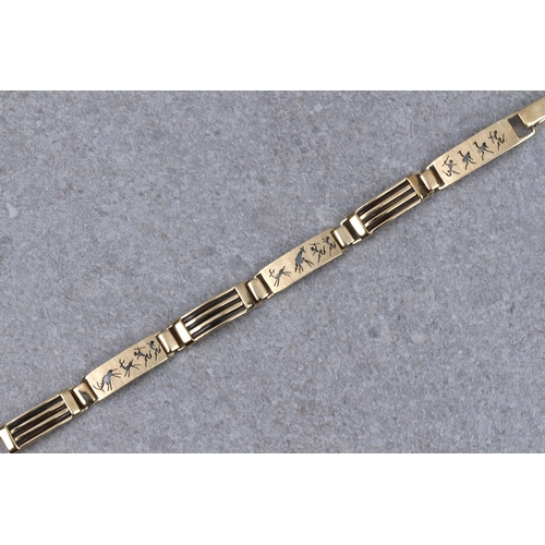 682 - An African 9ct gold and elephant hair articulated bracelet with alternate links of deeply etched Afr... 