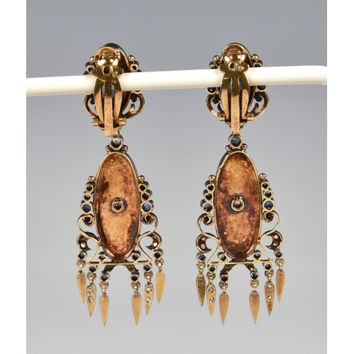 732 - A pair of antique 18ct gold, sapphire and diamond drop earrings probably French, late 19th / early 2... 