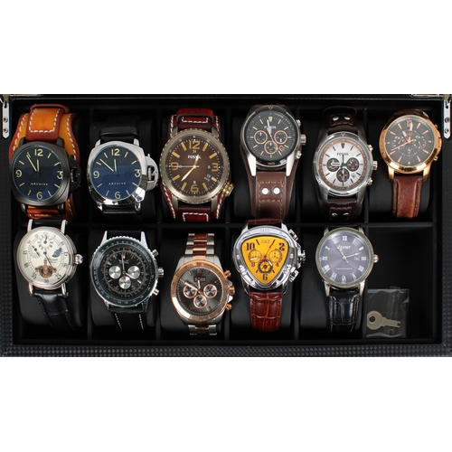 840 - A collection of Gentleman's vintage style collectors wrist watches to include four by Fossil, two Ar... 