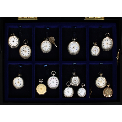 845 - A collection of silver cased ladies open faced fob watches mostly late 19th or early 20th century, c... 