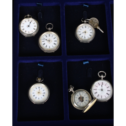 845 - A collection of silver cased ladies open faced fob watches mostly late 19th or early 20th century, c... 