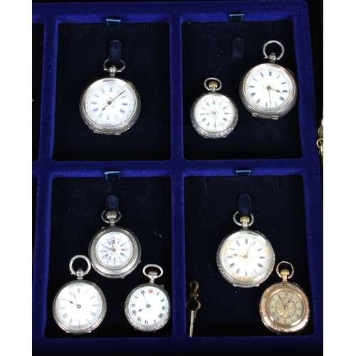 845 - A collection of silver cased ladies open faced fob watches mostly late 19th or early 20th century, c... 