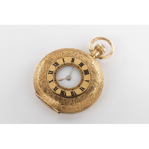 847 - A 14ct yellow gold pocket watch The 14ct yellow gold case engraved with floral decoration, the white... 