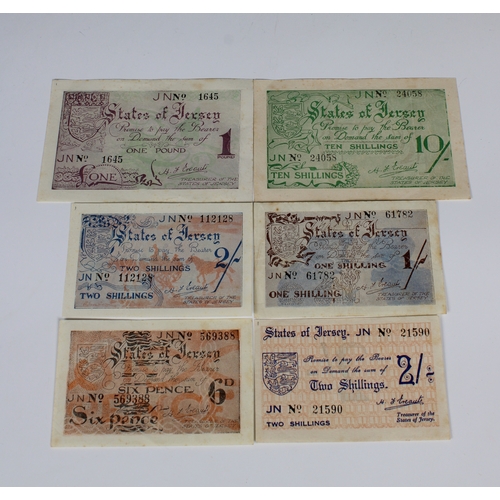 950 - Six States of Jersey German Occupation banknotes signatory E.H. Ereaut, comprising One Pound, Ten Sh... 