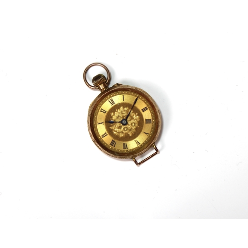 850 - A Ladies 9ct. gold open faced pocket watch foliate engraving to face and back, the back with central... 