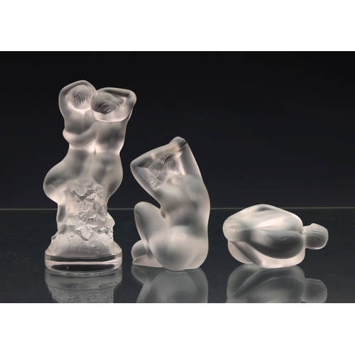 115 - Three Lalique frosted glass nudes in various poses, each with etched signatures, the tallest 5½in. (... 