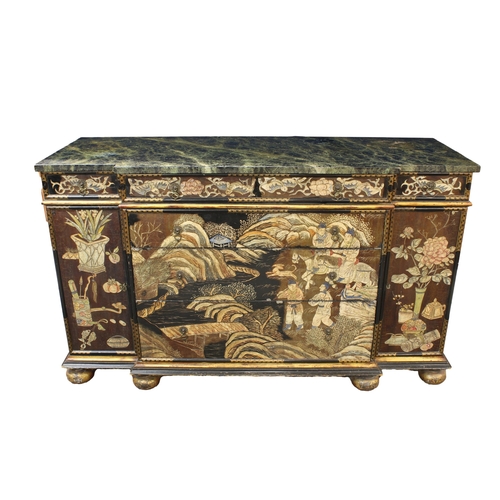 160 - A mid 20th Century chinoiserie decorated breakfront side cabinet with faux-marble top the breakfront... 