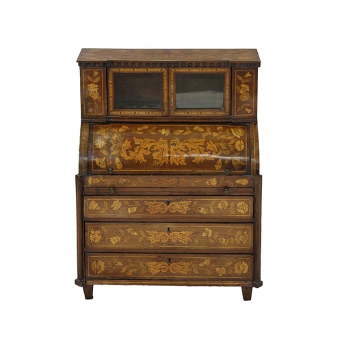 183 - A 19th Century Dutch marquetry apprentice piece cylinder bureau the inverted breakfront top with den... 