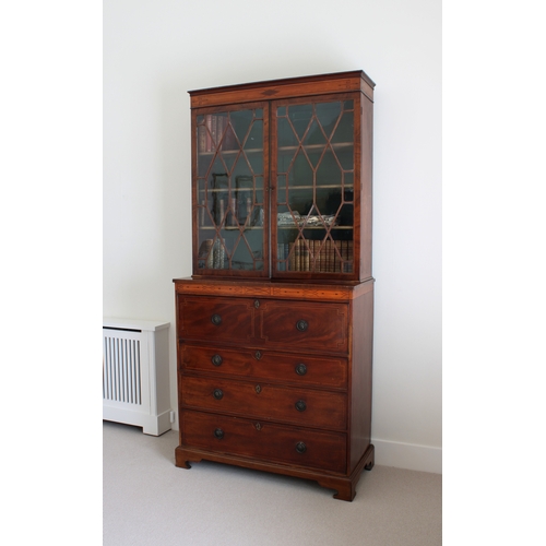 187 - A Regency inlaid mahogany and satinwood secretaire bookcase the moulded cornice with inlaid frieze o... 