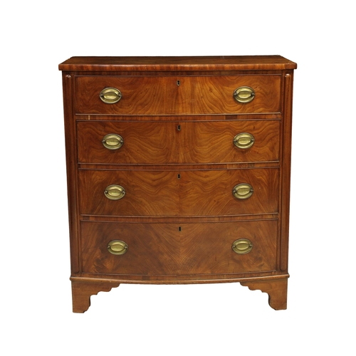 195 - A mid-19th Century bowfront mahogany chest the top over four graduated drawers with oval plate handl... 