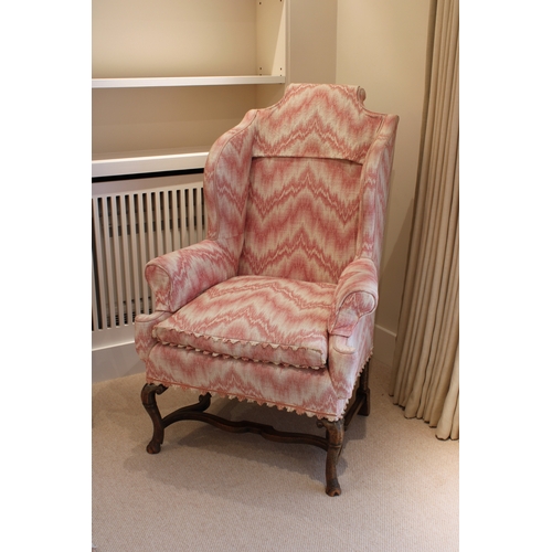 197 - 19th Century Queen Anne style walnut wingback armchair and footstool pink and white upholstery. *Pro... 