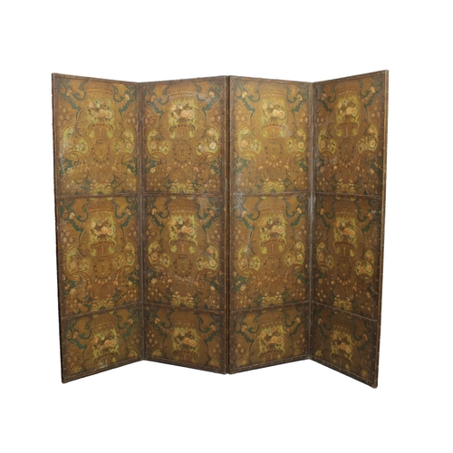 209 - A Continental, 19th century, embossed leather four fold screen partly gilded and painted with classi... 