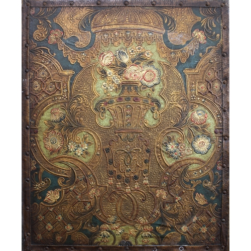 209 - A Continental, 19th century, embossed leather four fold screen partly gilded and painted with classi... 