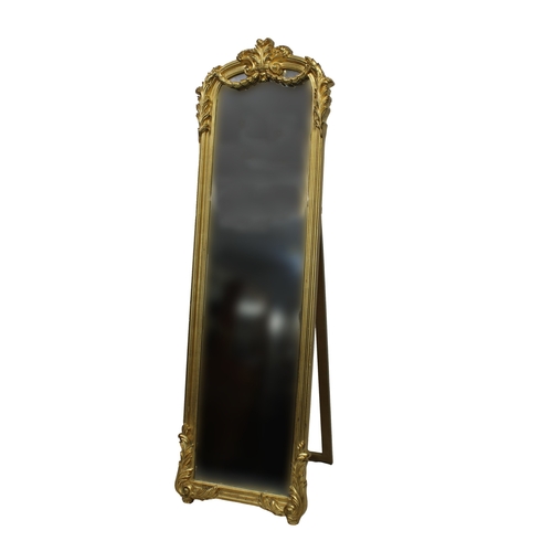 227 - A modern full length mirror gilt wood, the corners carved with scrolls and acanthus, the pediment su... 