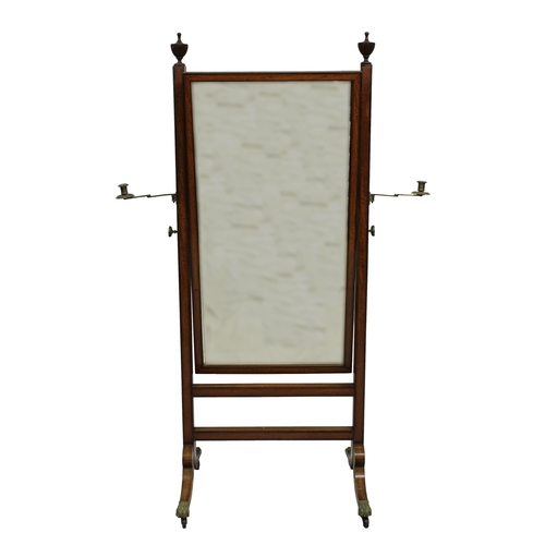 232 - An Edwardian mahogany, ebony and satinwood Cheval Mirror the finial topped stiles with adjustable br... 