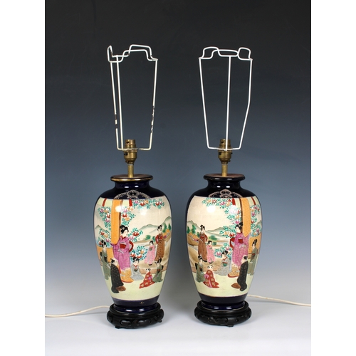 234 - A pair of Chinese baluster form table lamps 20th Century, the blue ground surmounted with painted pa... 