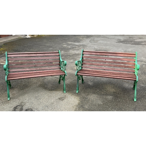 288 - A pair of cast metal and wood slatted garden benches painted green, 45 x 25in. (114.2 x 63.5cm.), 30... 