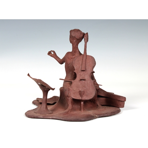 45 - Guernsey Studio pottery - Elizabeth Ann Macphail (1939-89) An unglazed stylised cellist or double ba... 