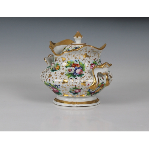 79 - A porcelain twin handled lidded sucrier hand painted and gilt, decorated with flower posies, unmarke... 