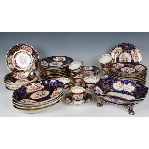 88 - A Victorian porcelain dinner, tea and coffee service of a floral design against a blue ground with g... 