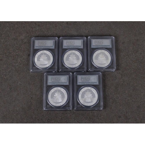 130 - China 5 x 1oz fine silver .999 2014 Panda Ten Yuan coins PSGS graded all MS70. (5)