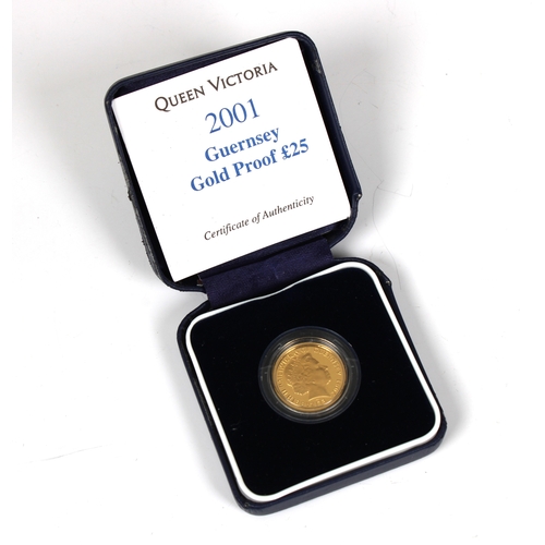 166 - A Queen Victoria 2001 Guernsey Gold Proof £25 coin 24 Caret Gold, limited edition of 2,500, weight ¼... 