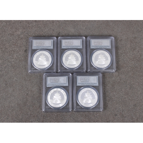 193 - China 5 x 1oz fine silver .999 2014 Panda Ten Yuan coins PSGS graded all MS70. (5)