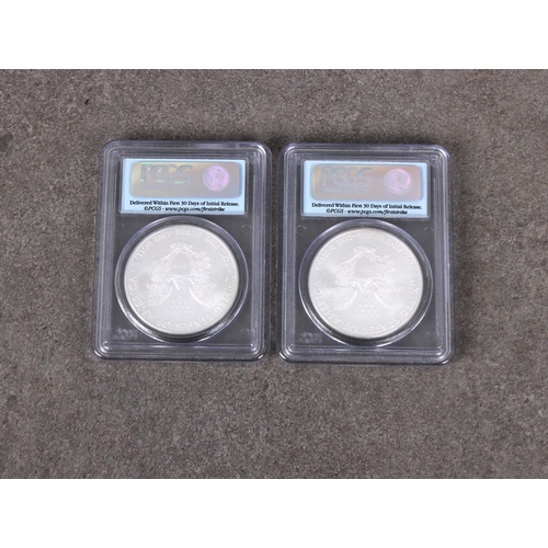 51 - Two x 2009 Silver Eagle (first strike) $1 coins both MS 70, certificate numbers 14178533 & 14178534.... 