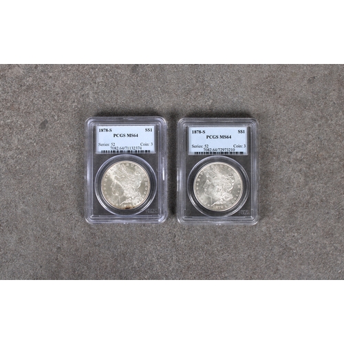 66 - Two x 1878-S Morgan Dollar series: 52 coin: 3 - PCGS graded both MS 64, certificate numbers 7082.64/... 