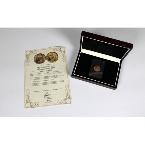 80 - A Queen Victoria 1891 Gold Full Sovereign cased, with paperwork, The London Mint Office.