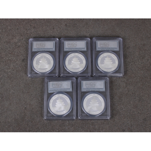 81 - China 5 x 1oz fine silver .999 2014 Panda Ten Yuan coins PSGS graded all MS70. (5)