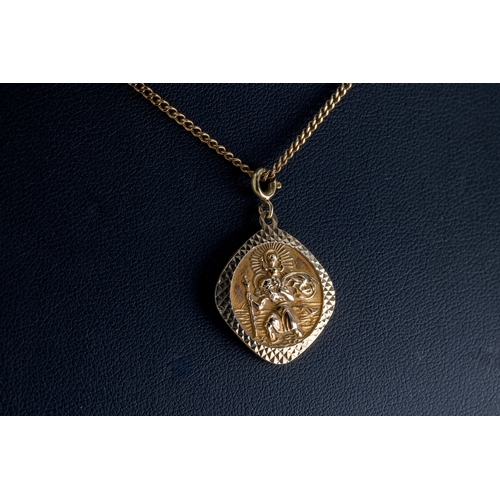 1108 - A 9ct yellow gold St. Christopher pendent & 9ct long chain 62cm. long.