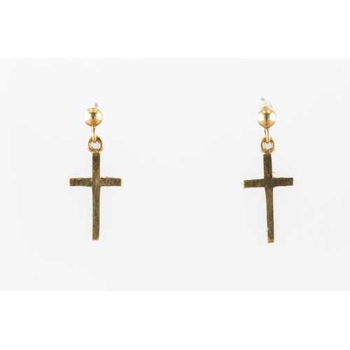 1110 - A pair of 9ct yellow gold cross drop earrings.