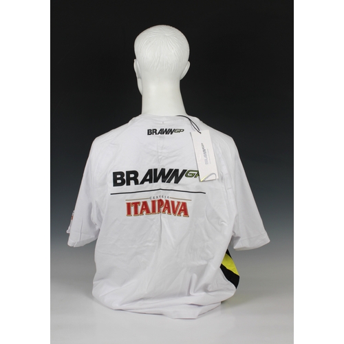 1327 - A Henri Lloyd Brawn GP T-Shirt signed in marker to chest by Jenson Button & Nick Fry with original l... 