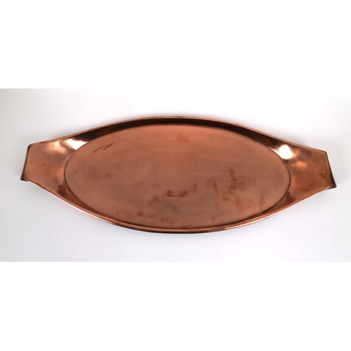 1376 - A William Arthur Smith Benson Arts and Crafts oval copper tray with scrolled handles, impressed mark... 