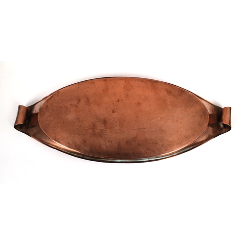 1376 - A William Arthur Smith Benson Arts and Crafts oval copper tray with scrolled handles, impressed mark... 