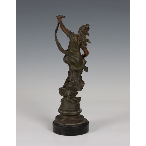 1378 - A spelter female figure, after Auguste Moreau (French 1834-1917) raised on circular plinth, plaque '... 