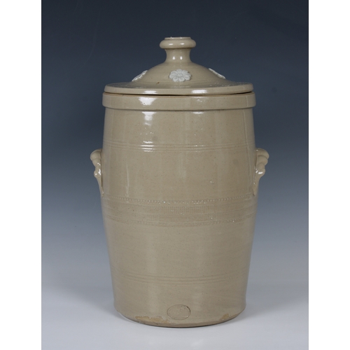 1392 - An Atkins Patent pale-brown glazed stoneware cylindrical water filter and cover circa 1890, sprigged... 