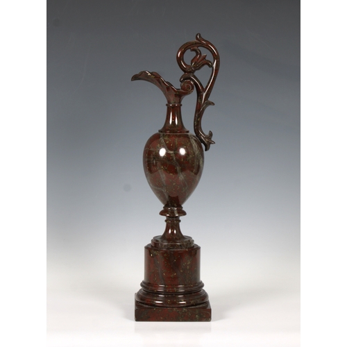 1402 - A Grand Tour type rouge marble ewer and stand Italian, likely 19th Century, of elongated oinochoe fo... 